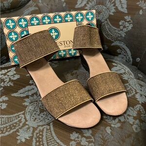 NWT Charleston Shoe Company Gold and Black Wedges